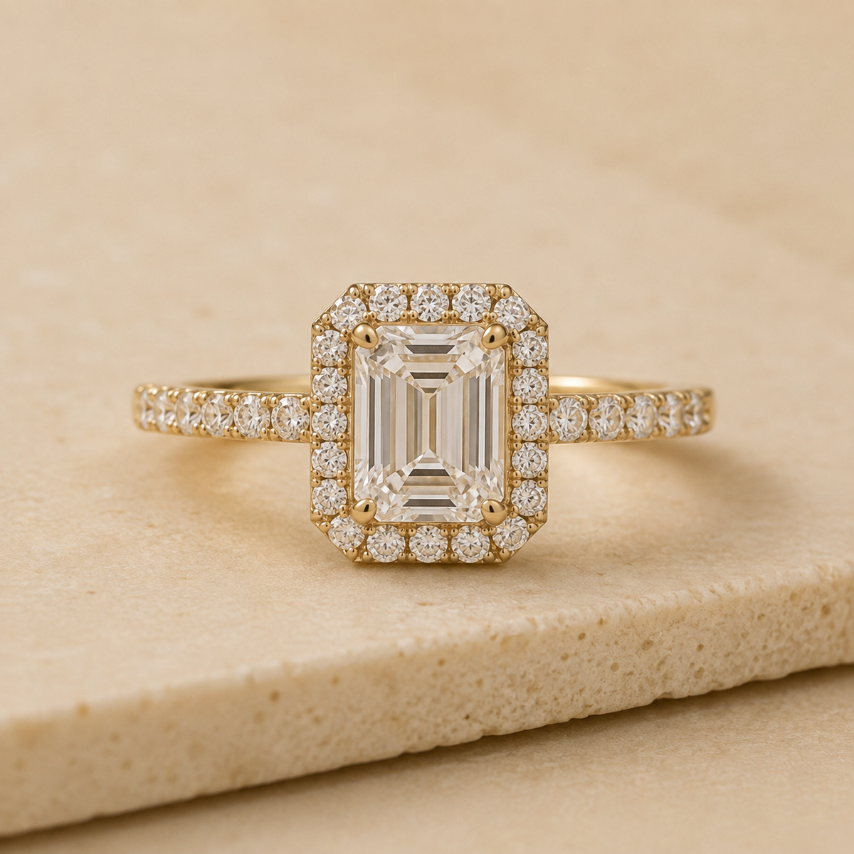 An emerald-cut halo ring in yellow gold on a warm stone display